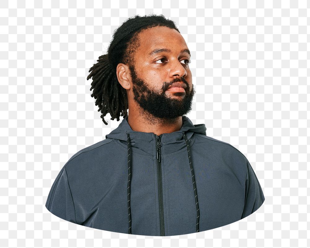 Png African-American man sticker, black hoodie, transparent background