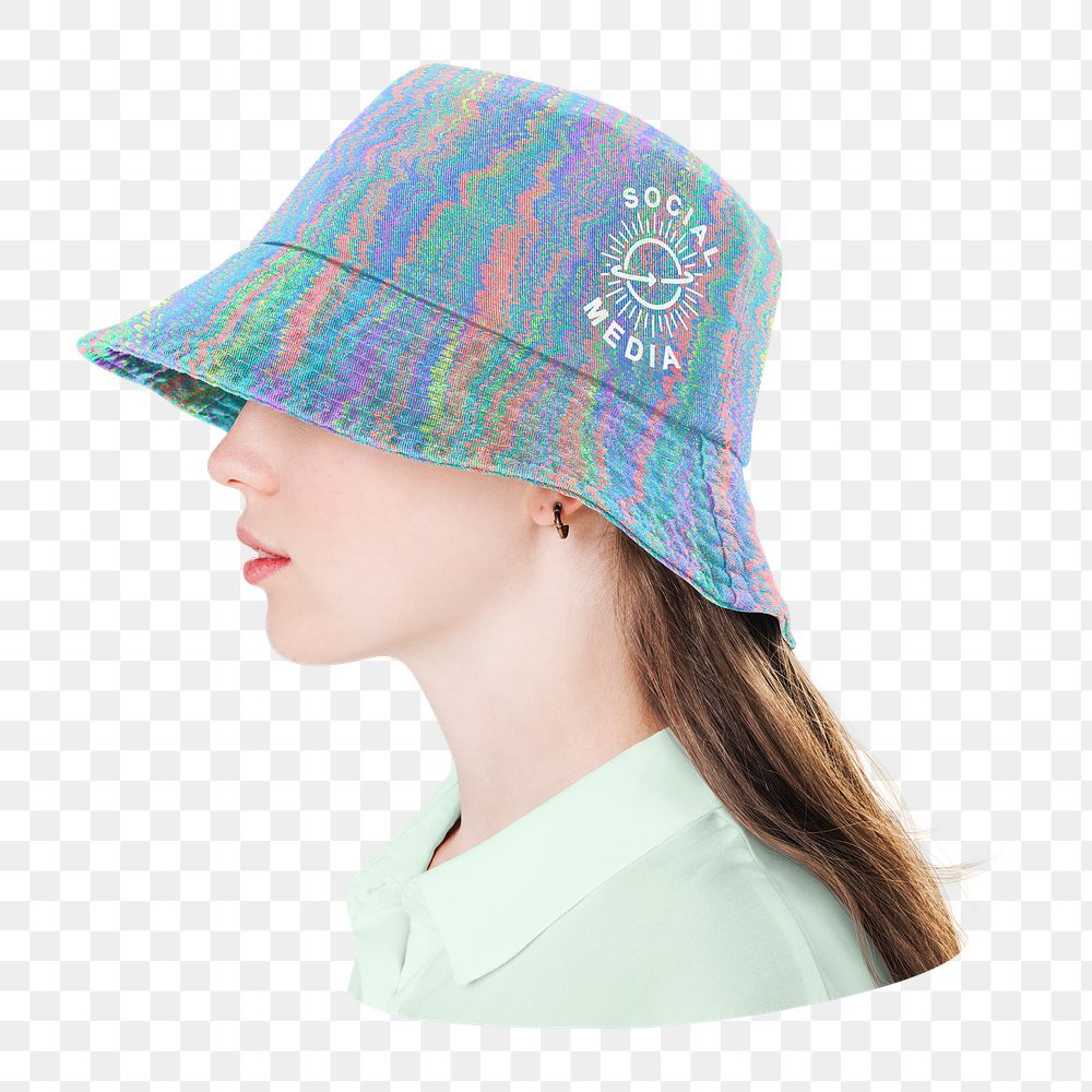 Png holographic bucket hat sticker, transparent background