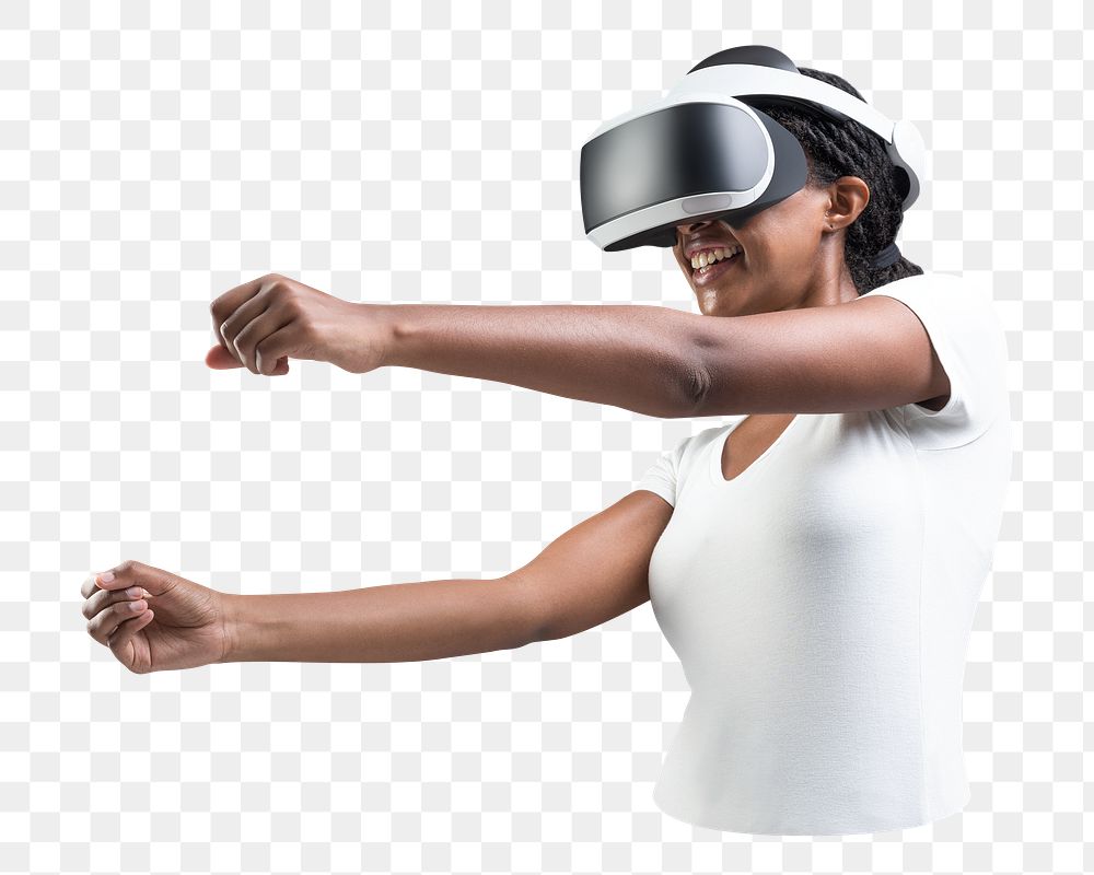 Png woman with VR headset sticker, transparent background