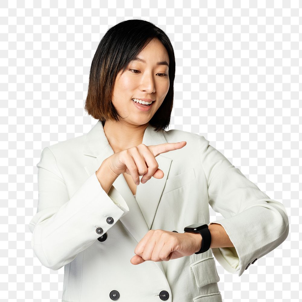 Businesswoman using smartwatch png mockup wearable gadget