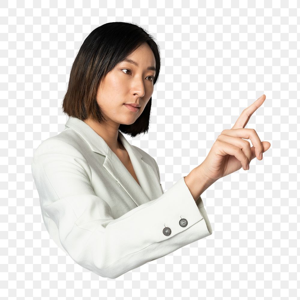 Png Asian businesswoman pointing sticker, transparent background