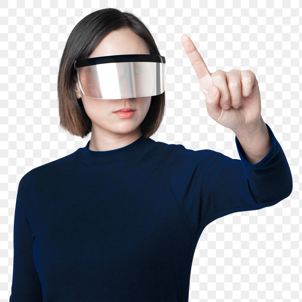 Smart glasses mockup png woman pointing at a screen
