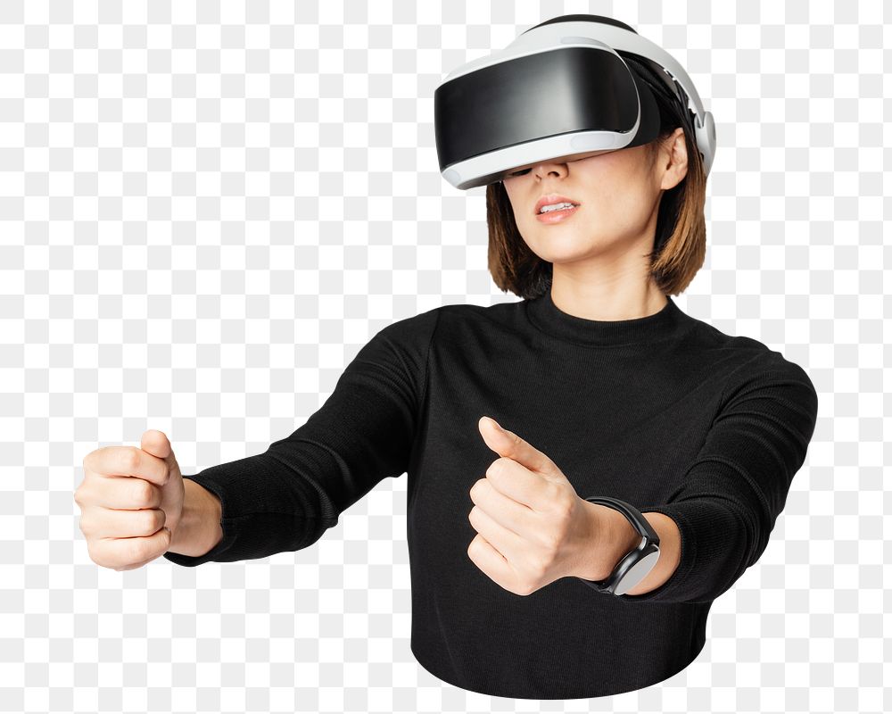 Png woman with VR headset sticker, transparent background