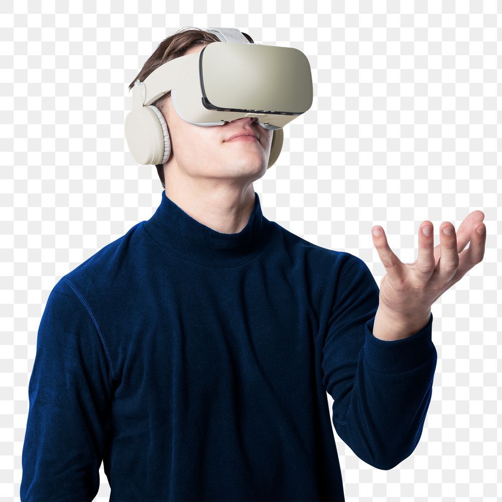 Man with VR headset png mockup touching invisible object smart technology