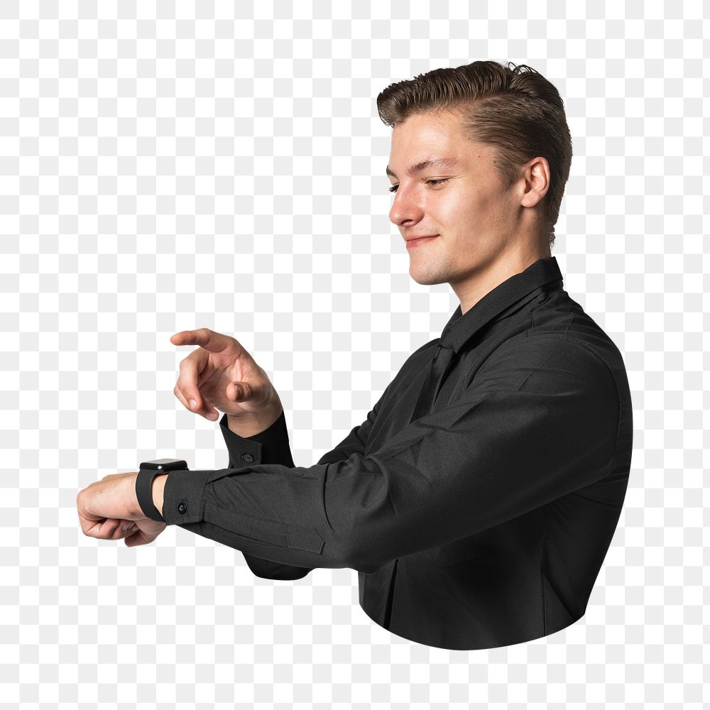 Png businessman using smartwatch sticker, transparent background