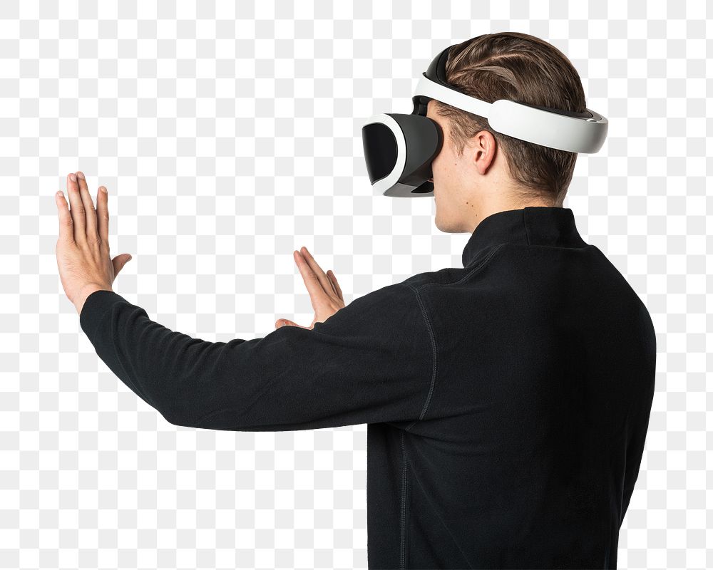 Man in VR headset png touching invisible screen