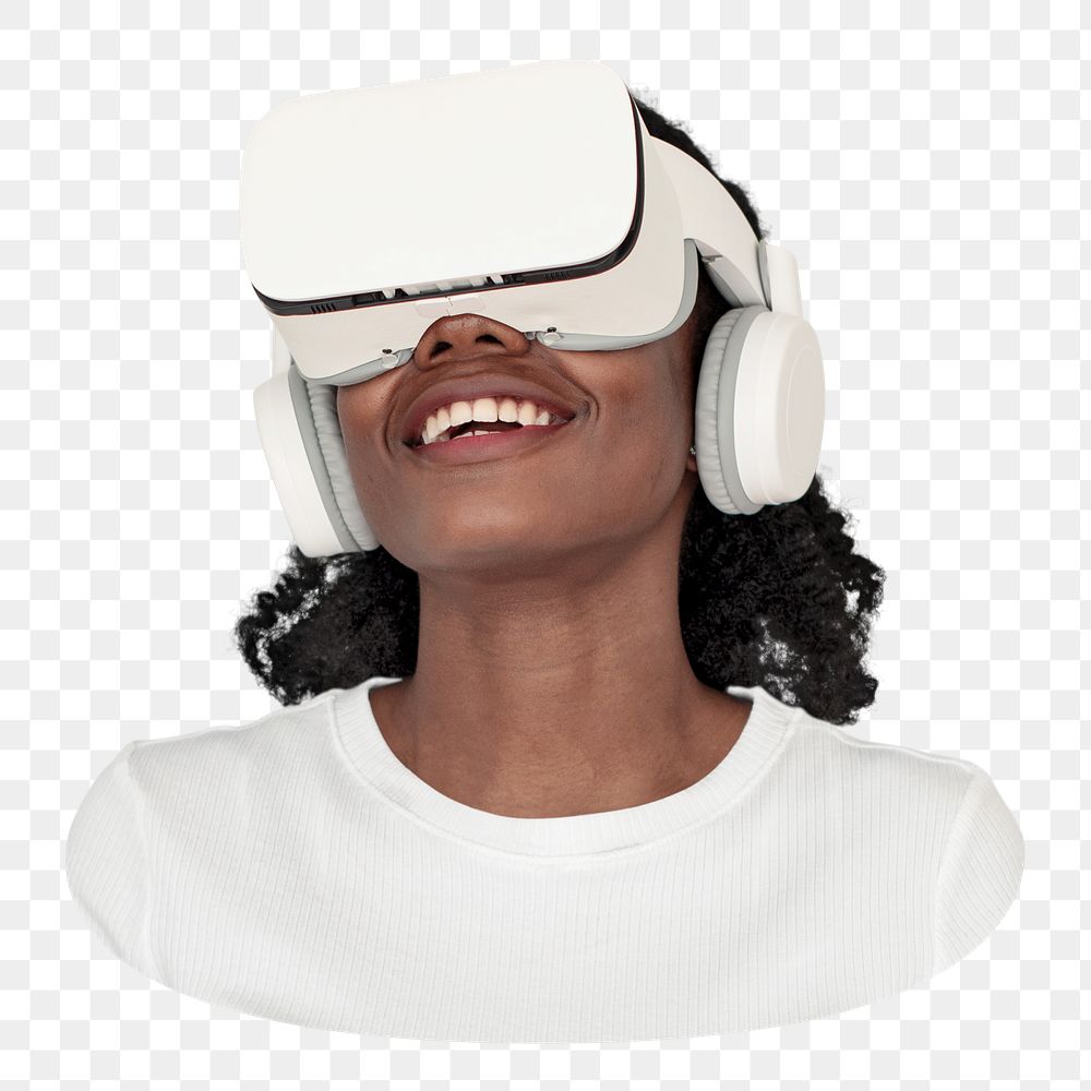 Png woman with VR headset sticker, transparent background