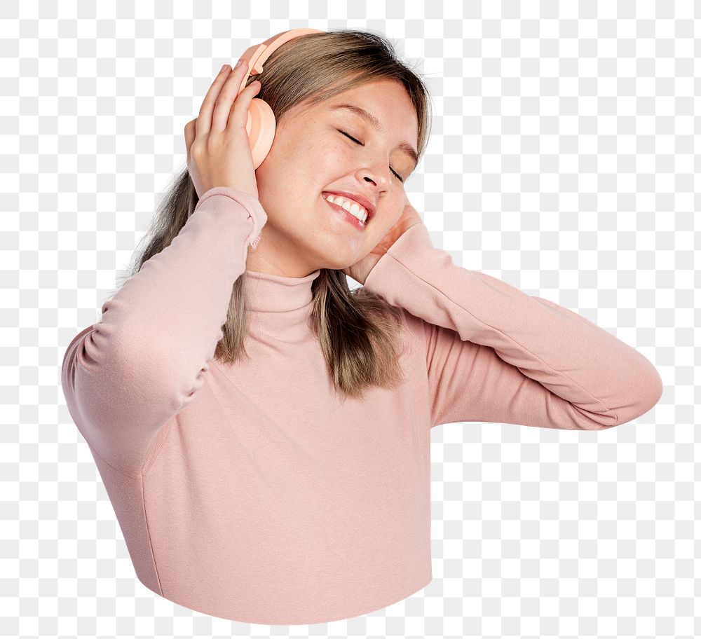 Png girl listening to music sticker, transparent background