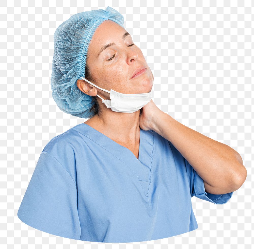 Png nurse with back pain sticker, transparent background