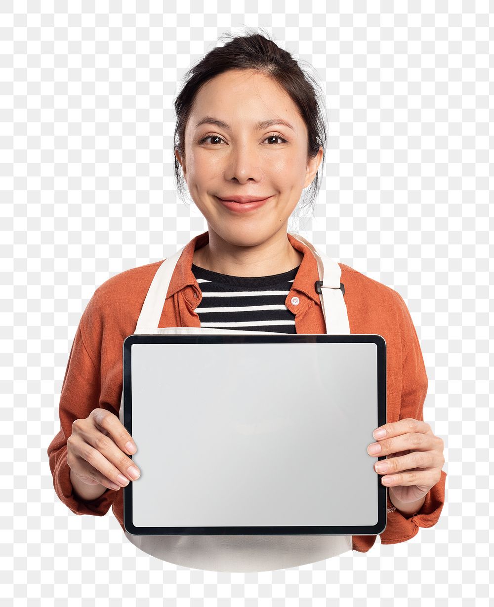 Png waitress holding tablet sticker, transparent background