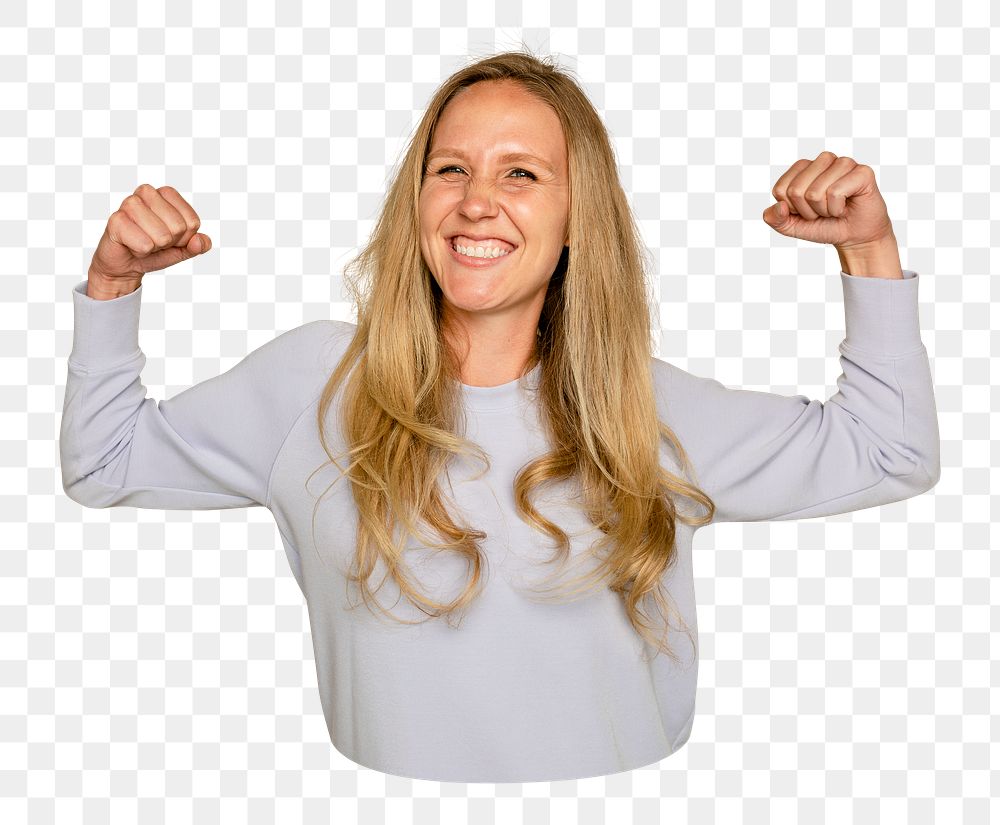 Png woman flexing muscles sticker, transparent background