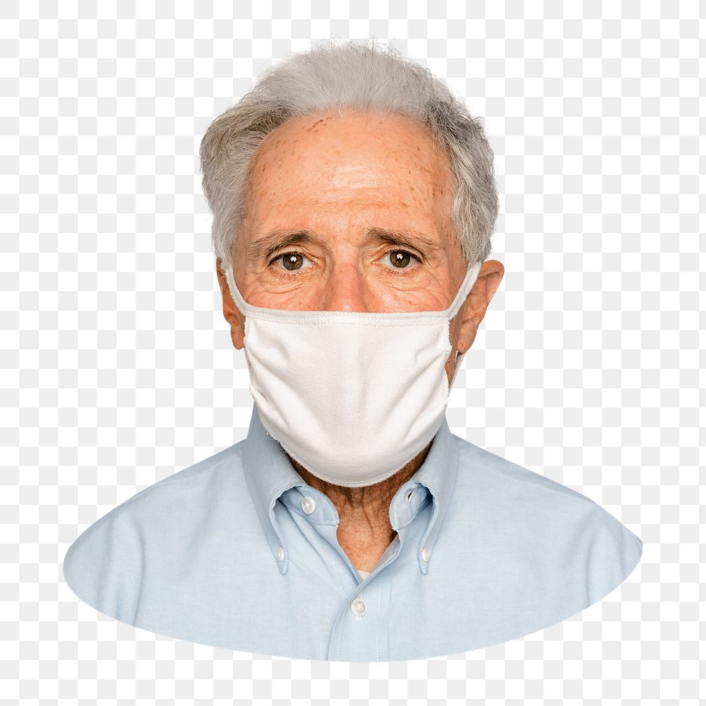 Png senior man wearing mask sticker, transparent background