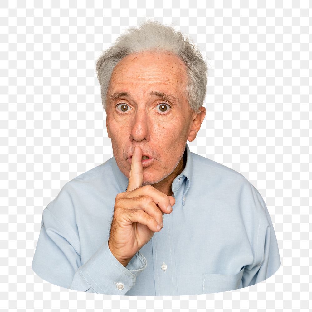 Png senior man shushing gesture sticker, transparent background