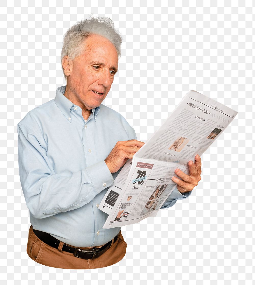 Png senior man reading newspaper sticker, transparent background