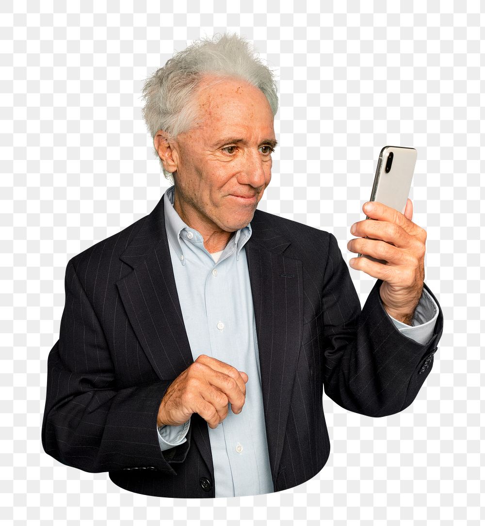 Png senior man holding phone sticker, transparent background