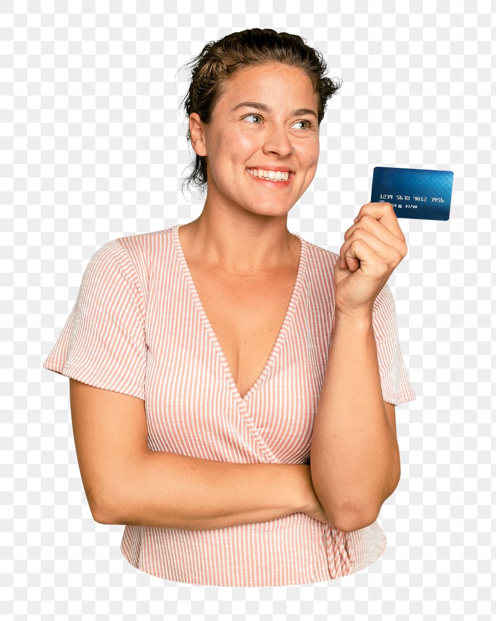 Png woman holding credit card sticker, transparent background