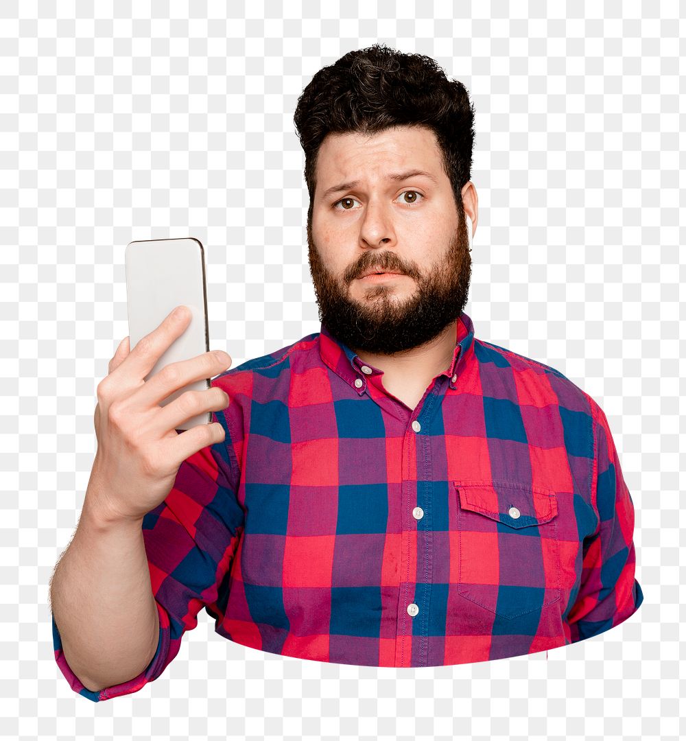 Png man holding phone sticker, transparent background