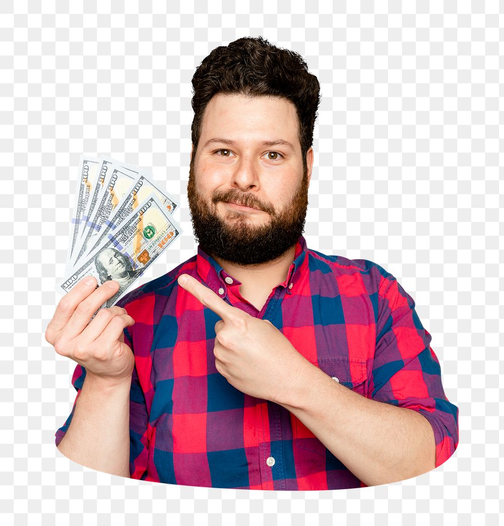 Png man holding money sticker, transparent background