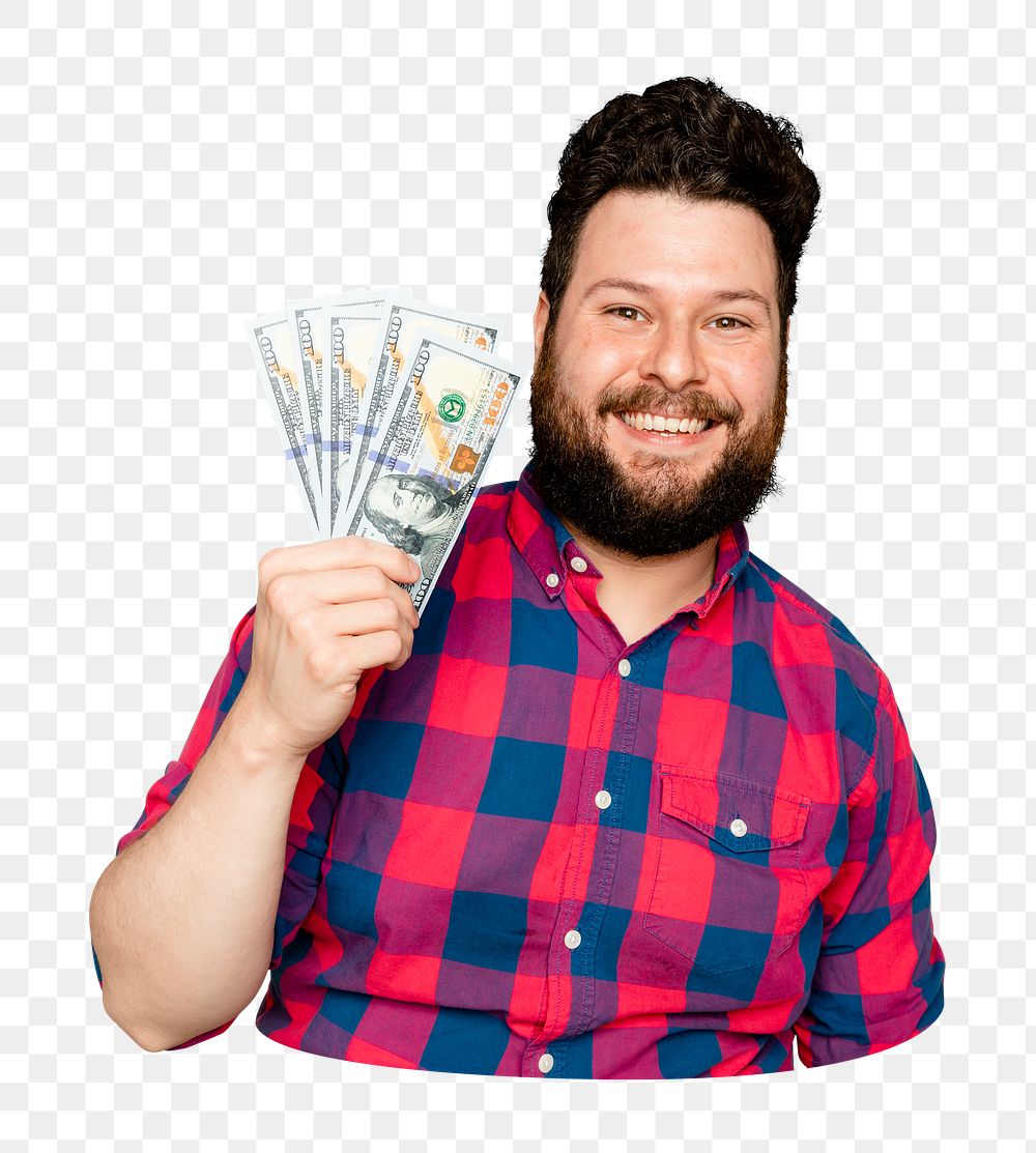 Png man holding money sticker, transparent background