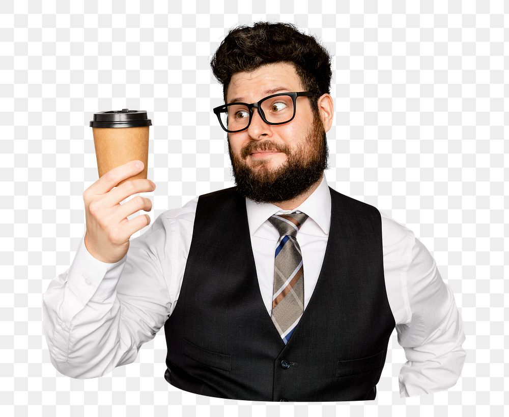 Png businessman holding coffee cup sticker, transparent background