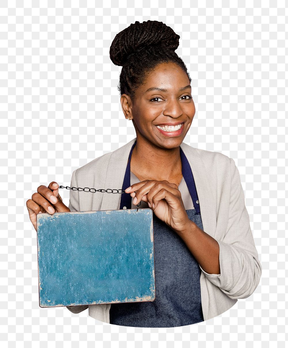 Png woman holding sign sticker, transparent background