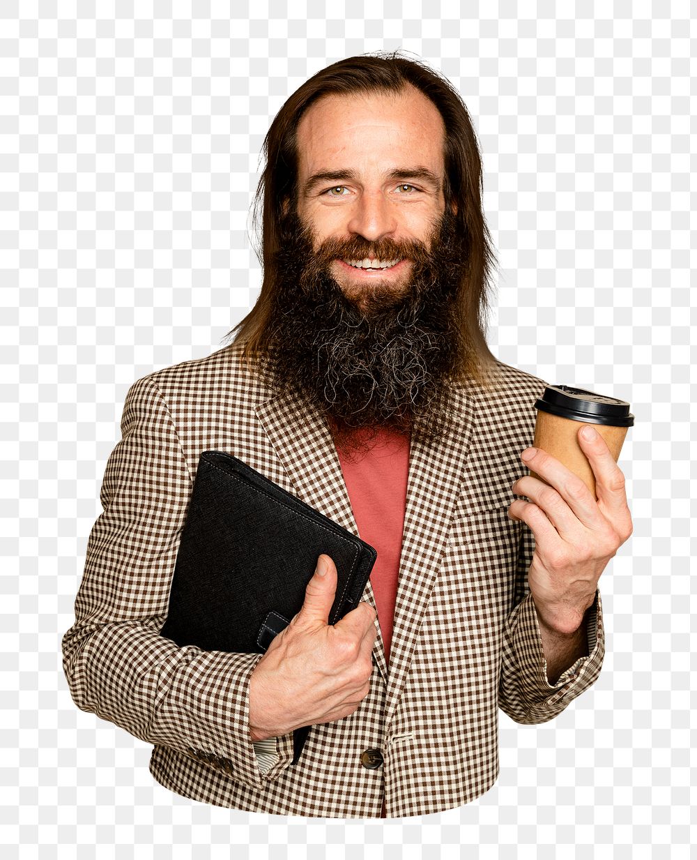 Png businessman holding coffee cup sticker, transparent background