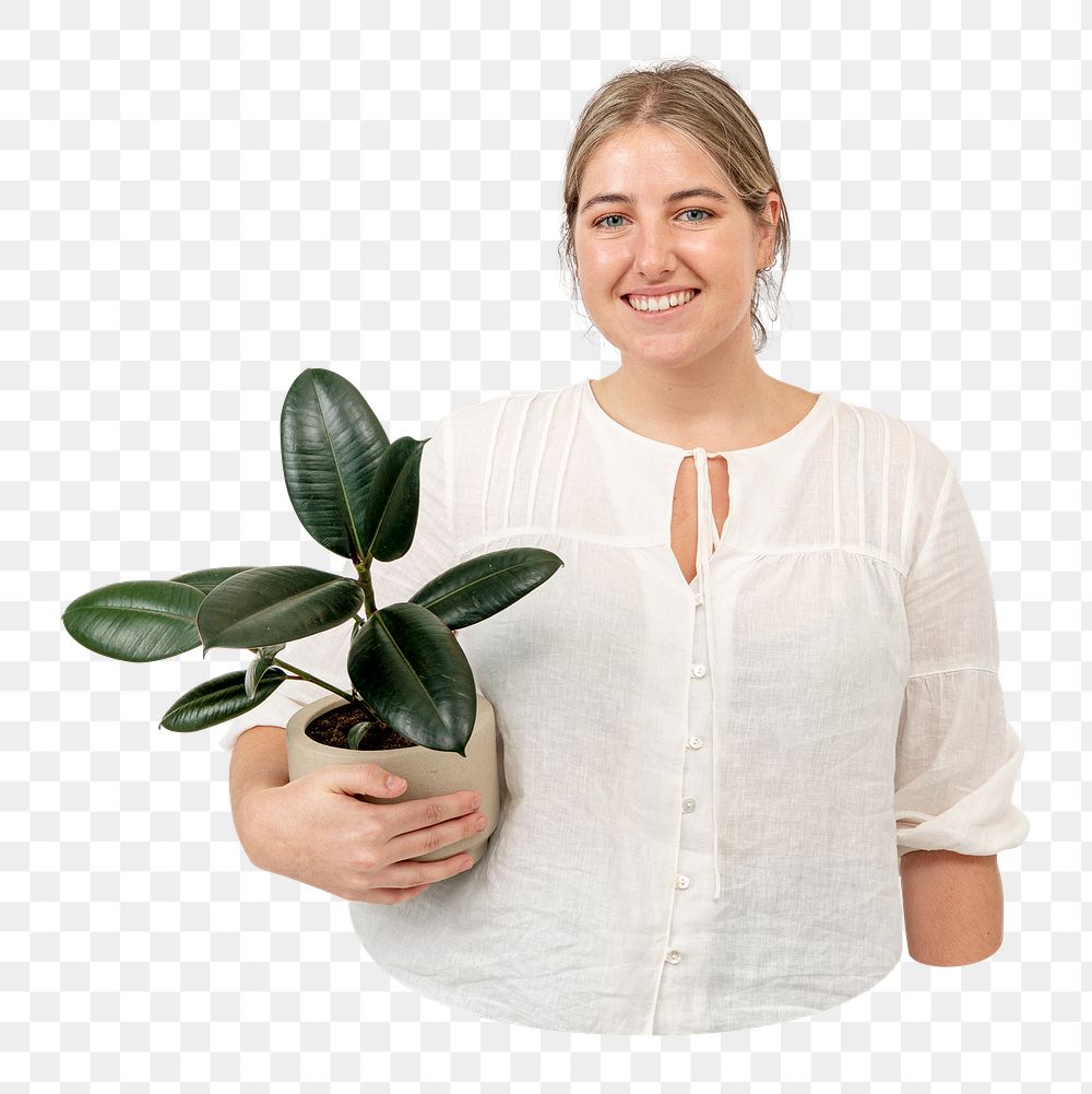 Png woman with plant sticker, transparent background