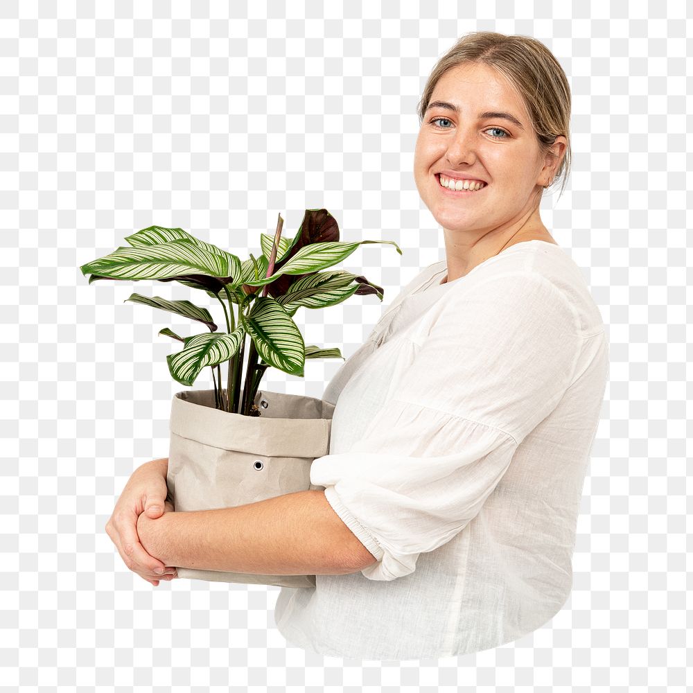 Png woman with plant sticker, transparent background