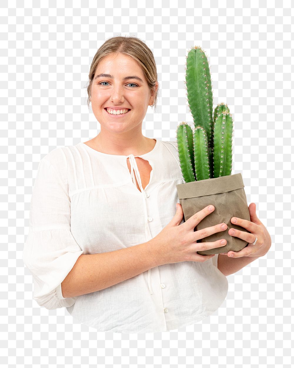 Png woman with cactus sticker, transparent background