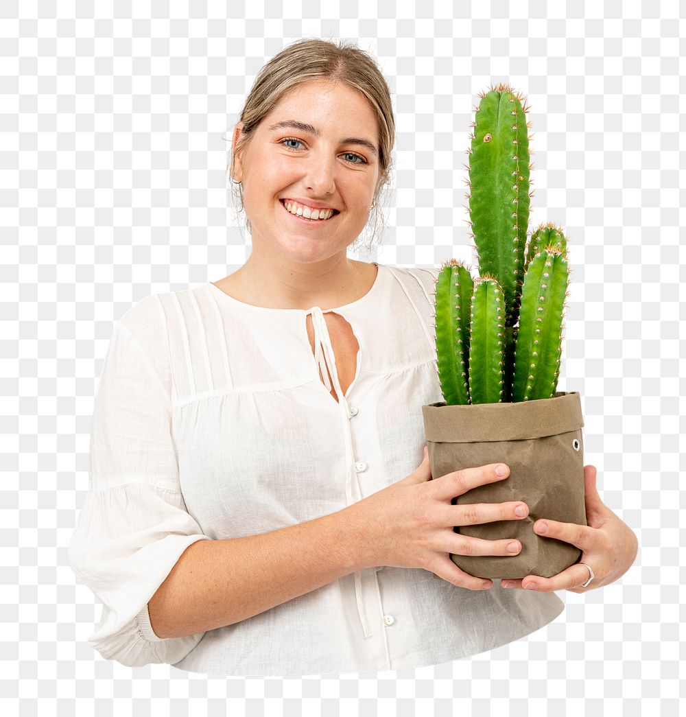 Woman holding cactus png sticker, transparent background 