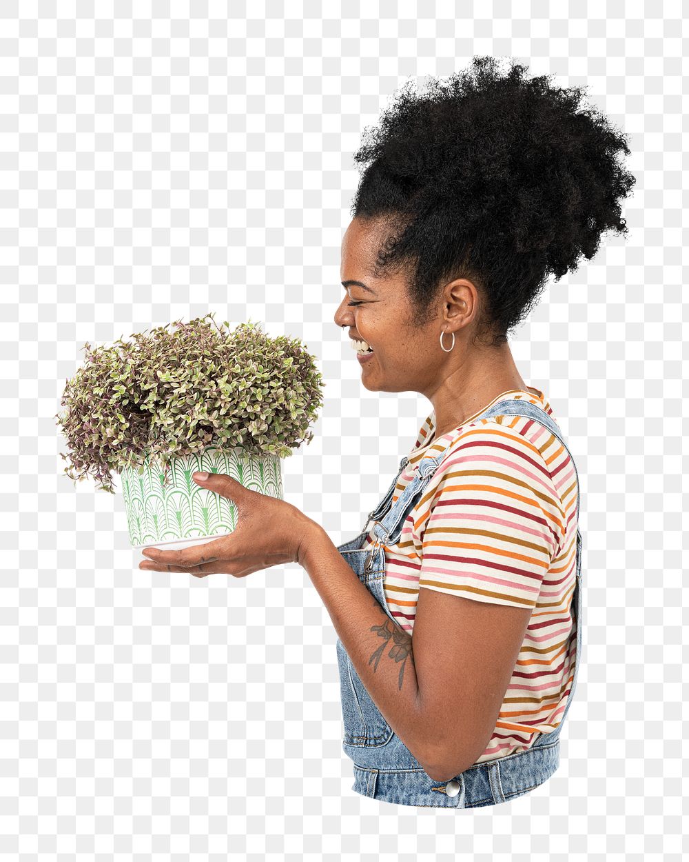 Woman holding plant png sticker, transparent background