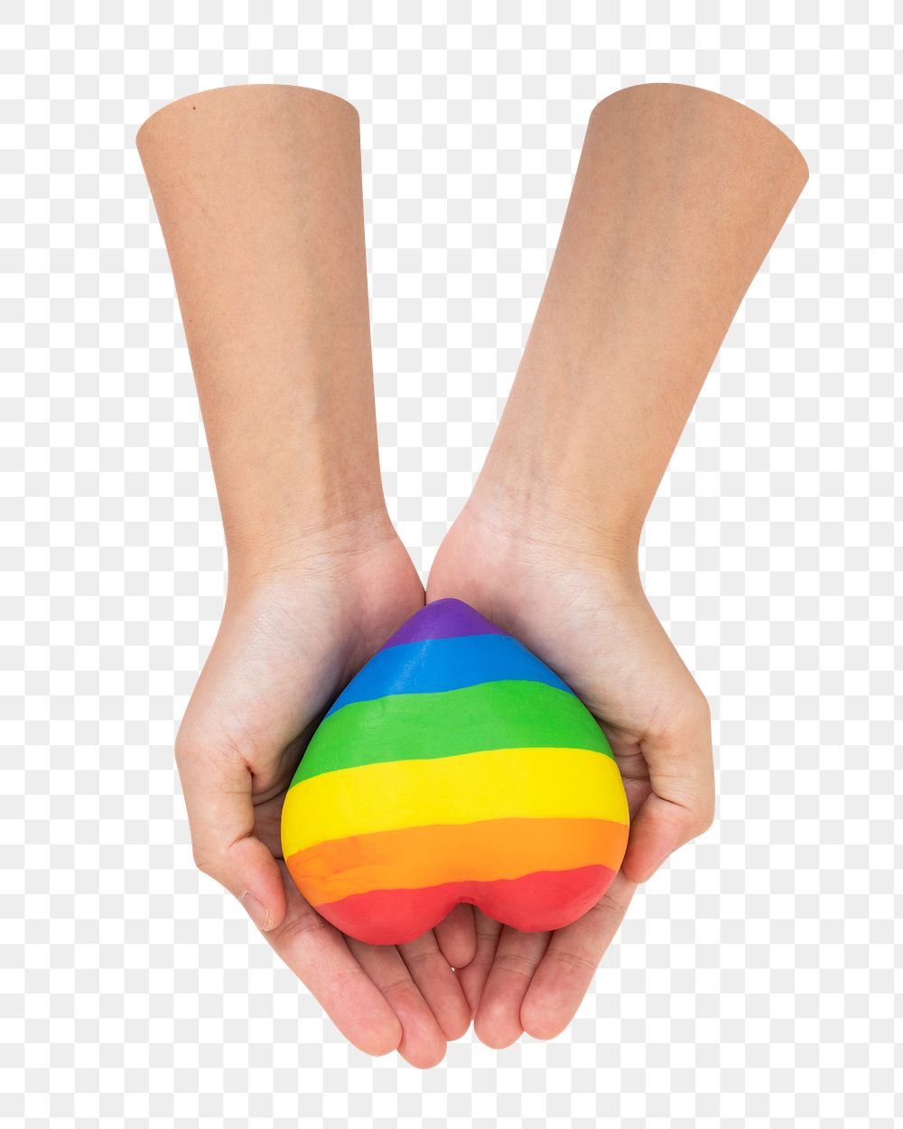 Rainbow heart png sticker in hands, transparent background