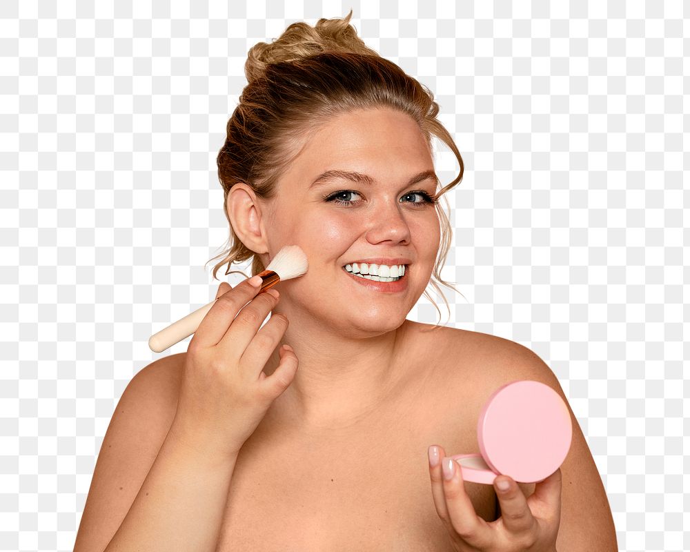 PNG woman applying blush collage element makeup, transparent background