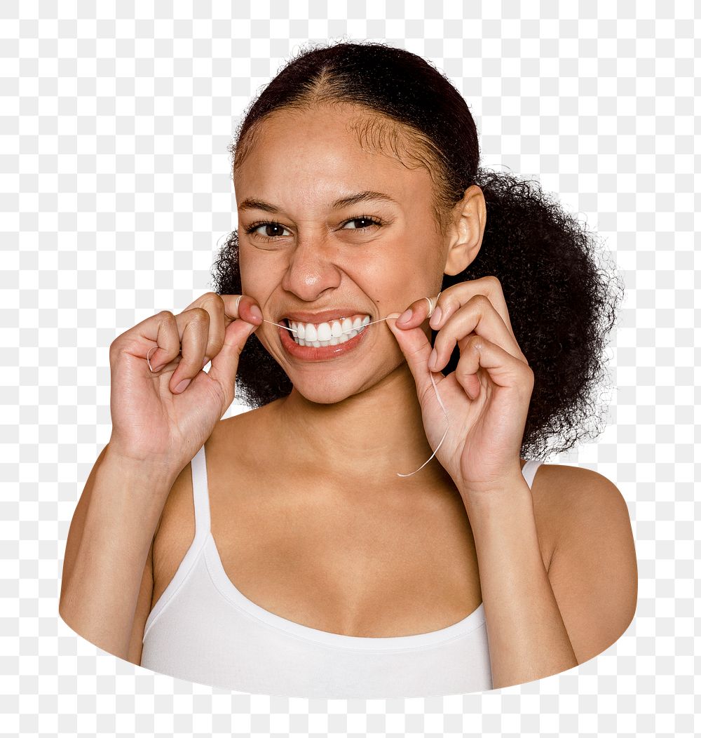 Woman flossing teeth png sticker, transparent background