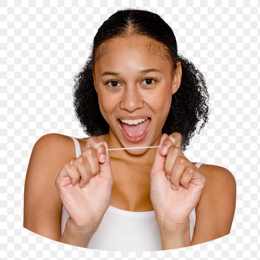 Woman flossing teeth png sticker, transparent background