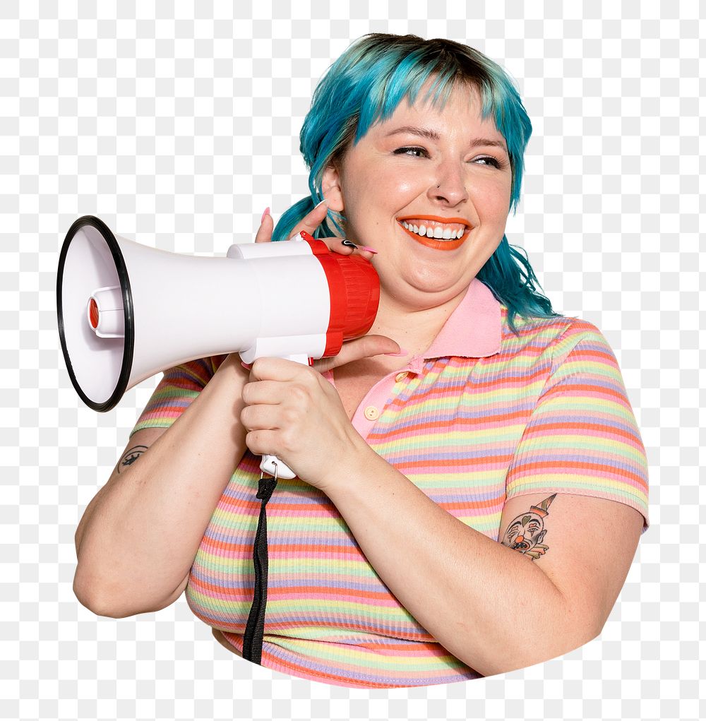 Png feminist woman with megaphone sticker, transparent background