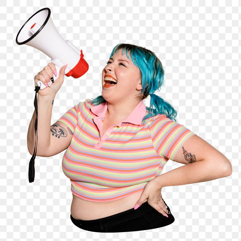Feminist png sticker, woman with megaphone, transparent background