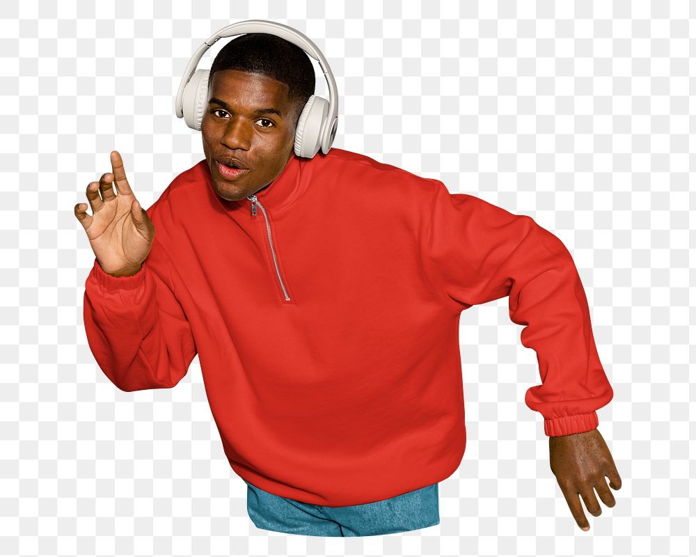 Music png sticker, man listening in headphones, transparent background