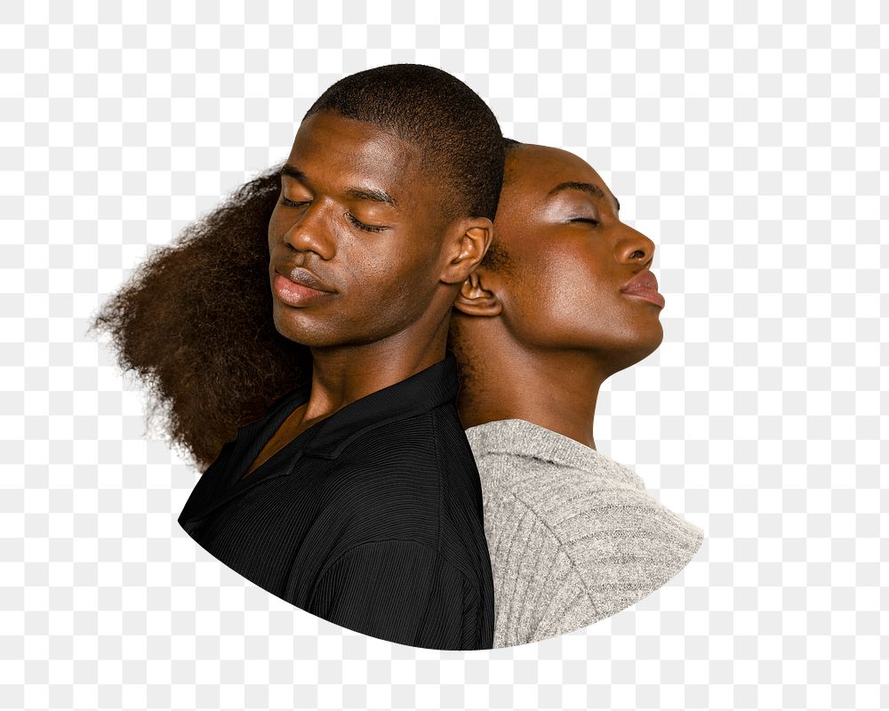 Black couple png sticker, leaning on each other, transparent background