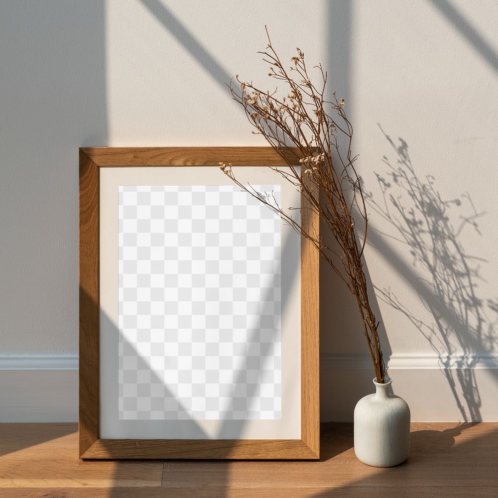 Photo frame png mockup, flower vase decor, transparent design