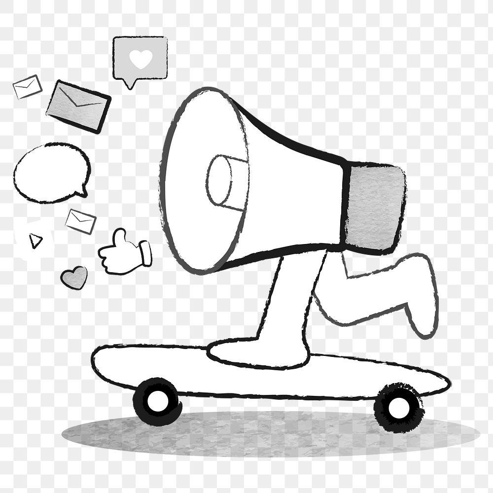 Png social media advertisement cute megaphone on a skate doodle illustration