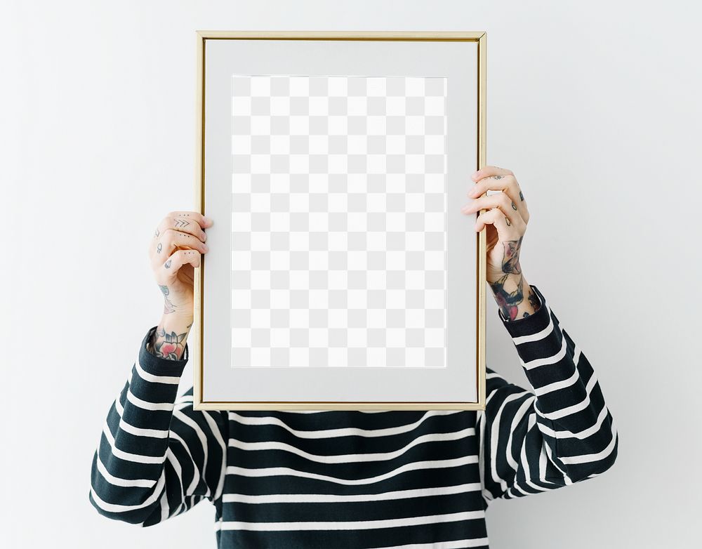 Picture frame png mockup, woman decorating wall, transparent design