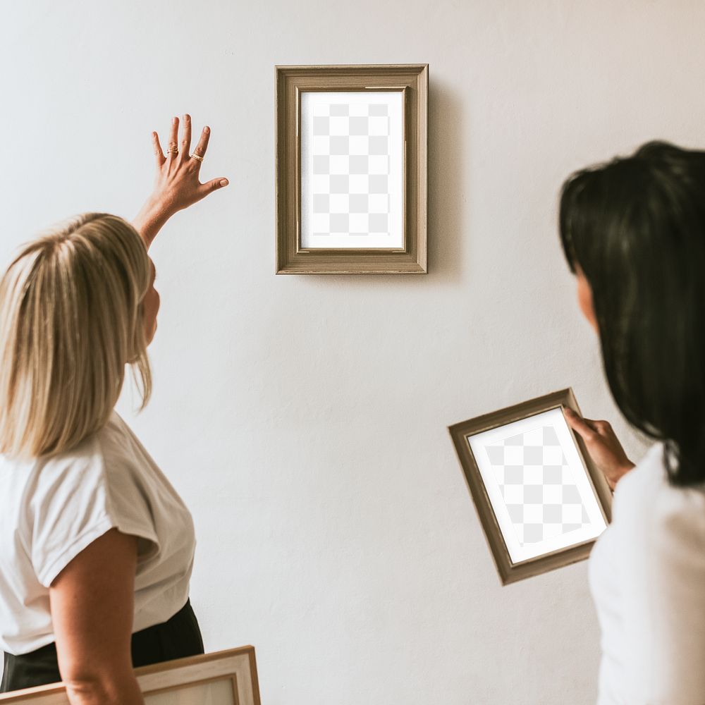 Picture frame png mockup, women decorating wall, transparent design