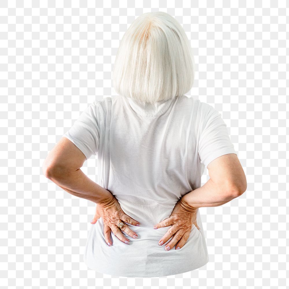 Senior woman png sticker, back pain, transparent background