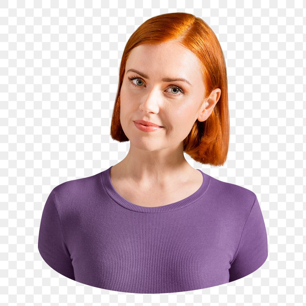 Png orange hair woman sticker, purple shirt, transparent background