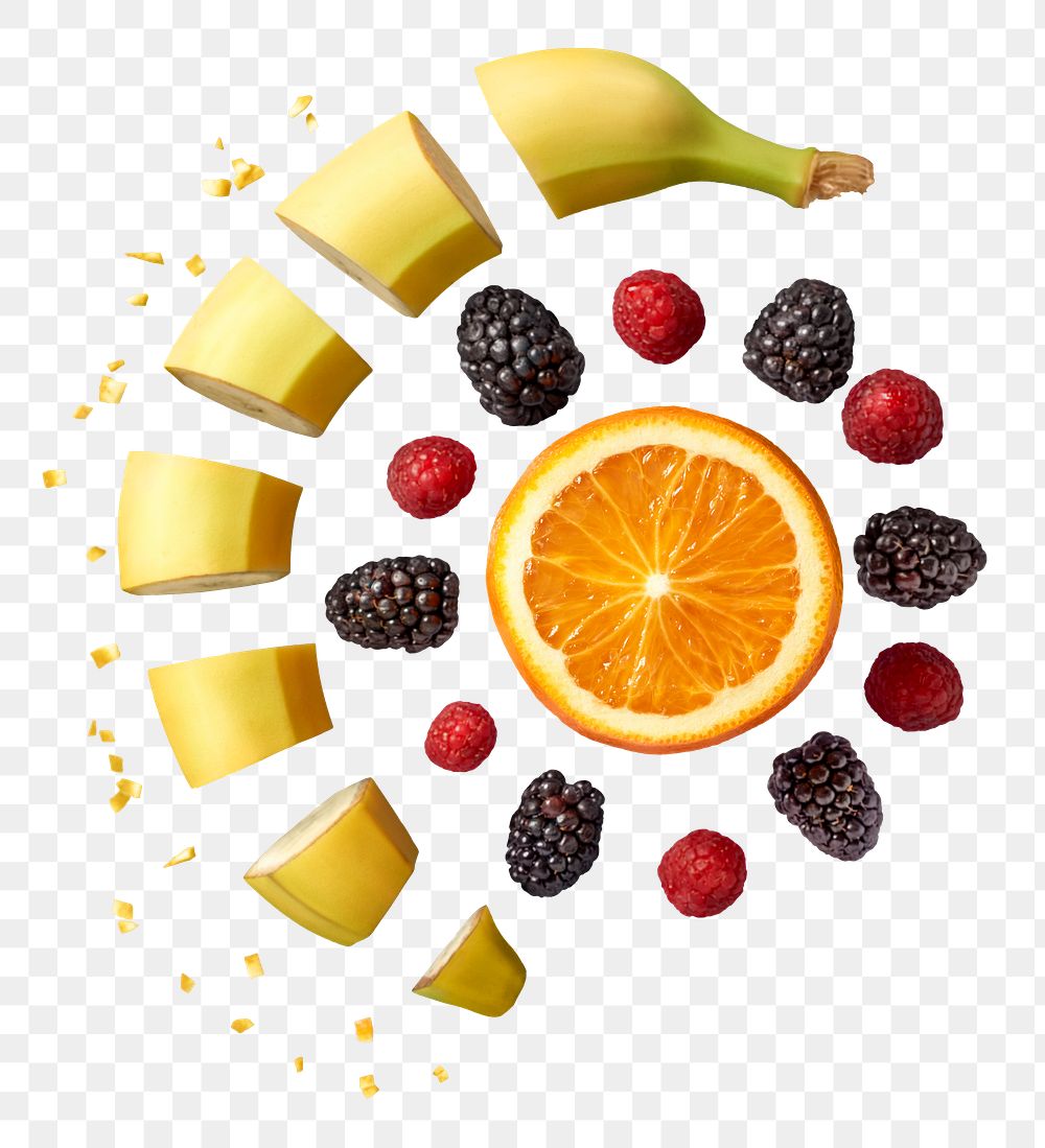 Chopped banana png sticker, mixed berries fruit, transparent background