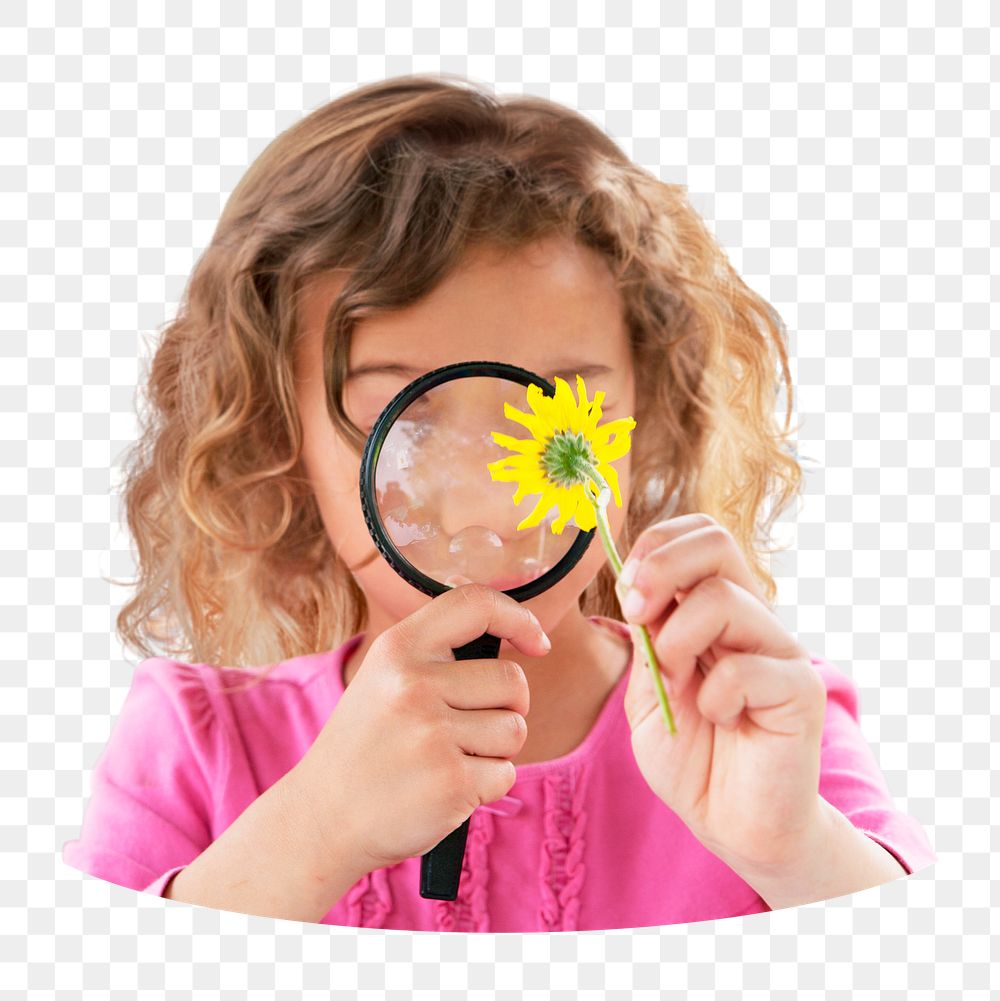 Png curious girl with daisy sticker, transparent background