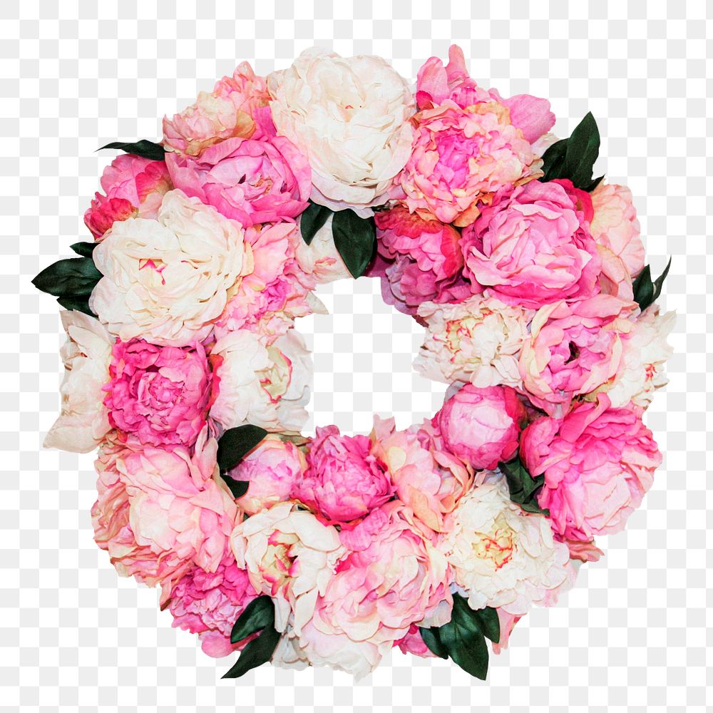 Png pink peony wreath sticker, transparent background