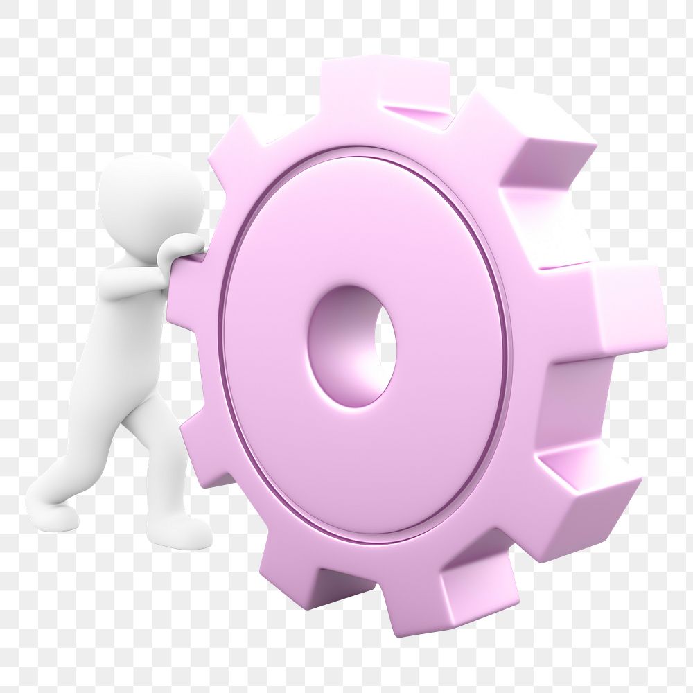 Png 3D figure pushing gear sticker, transparent background 