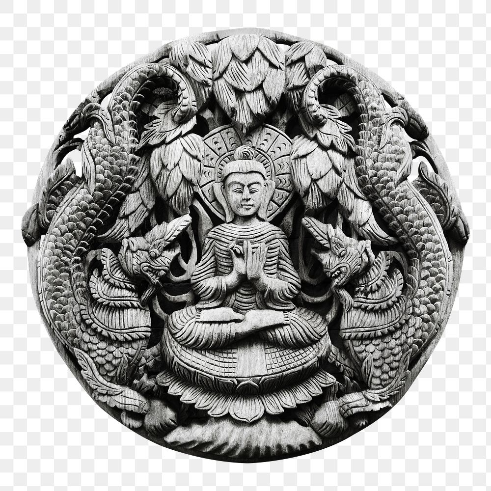 Buddha carving badge png sticker, transparent background